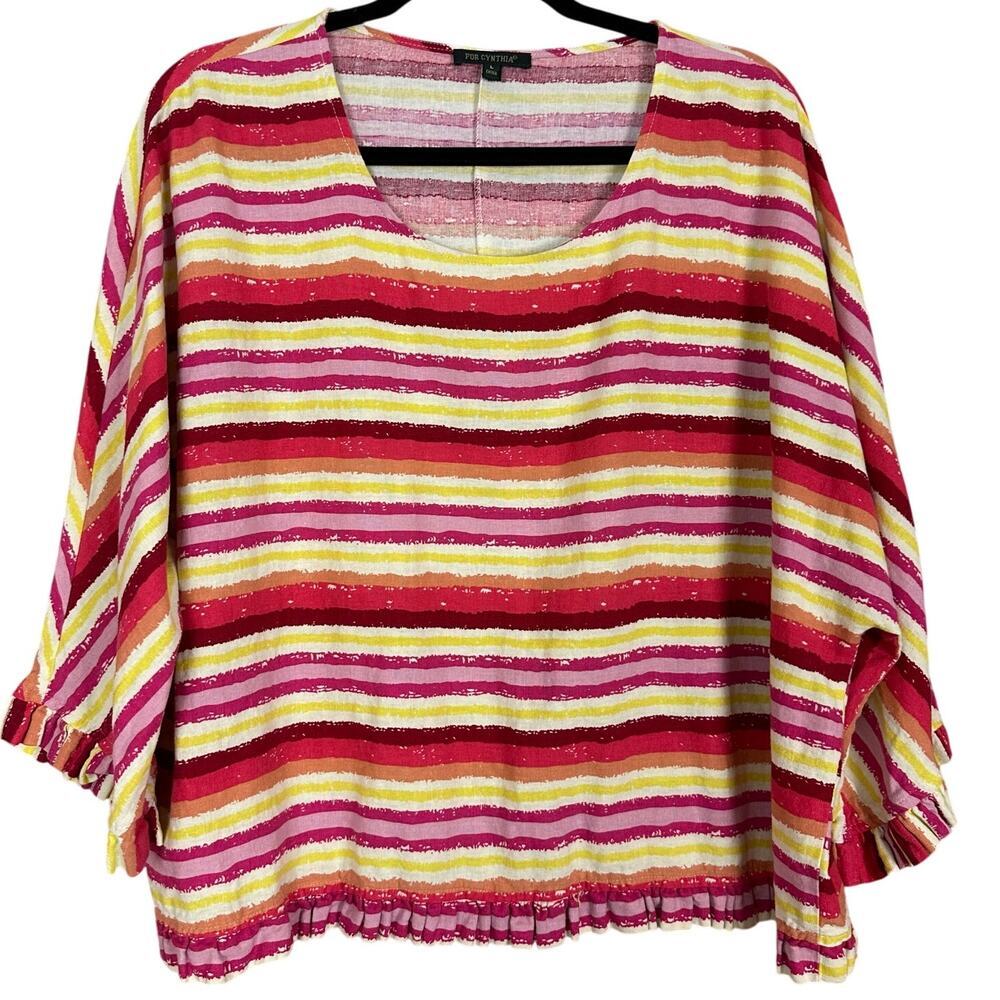 For Cynthia Linen‎ Blend Top Boxy Stripe Pink Yellow Scoop Neck Size Large